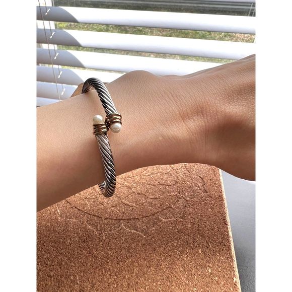 Open Bangle and Ring set, pearl on twisted antique silver design - Picture 3 of 7